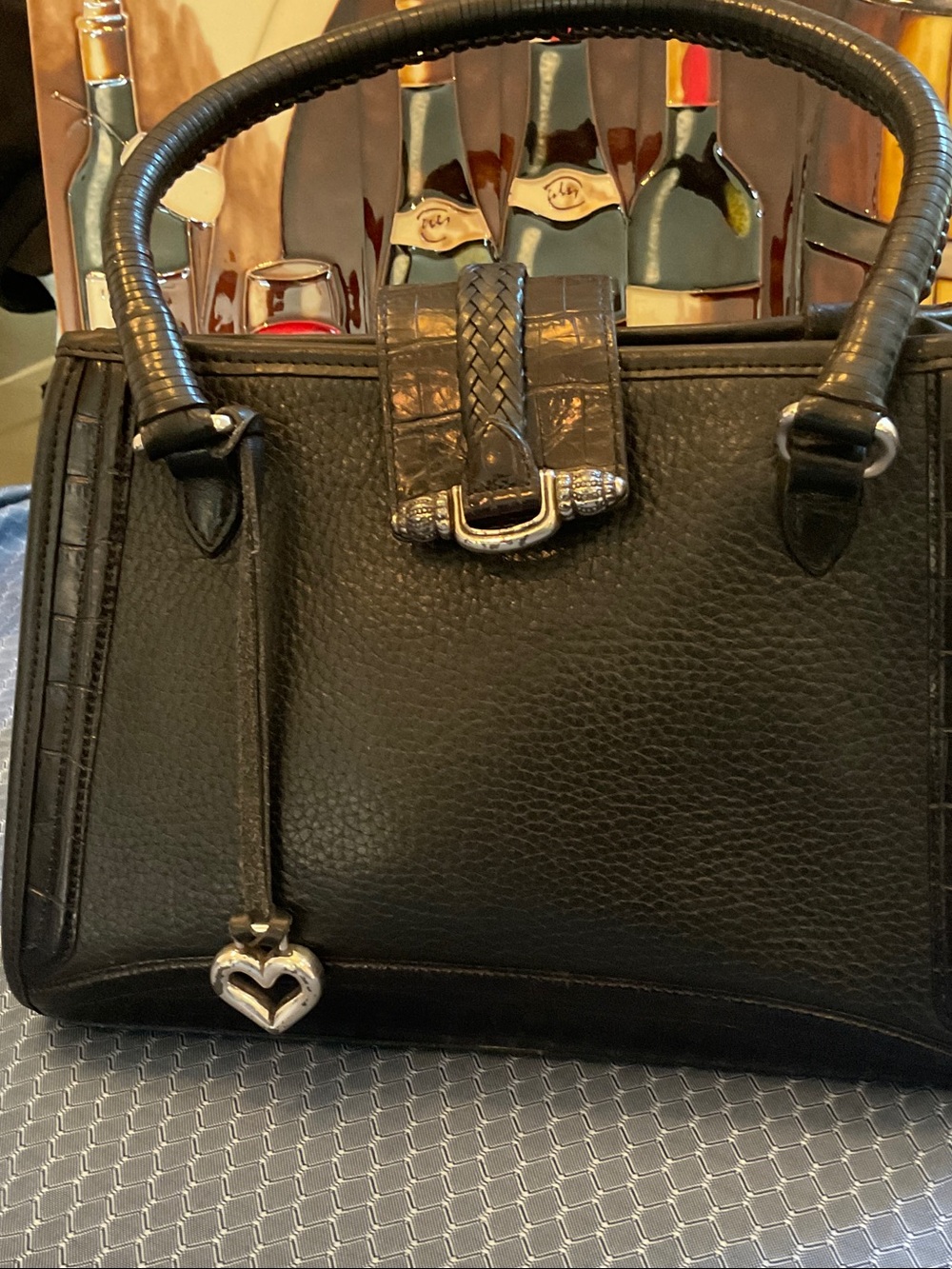 Vintage Brighton Black Leather Satchel Handbag with Heart Charm
